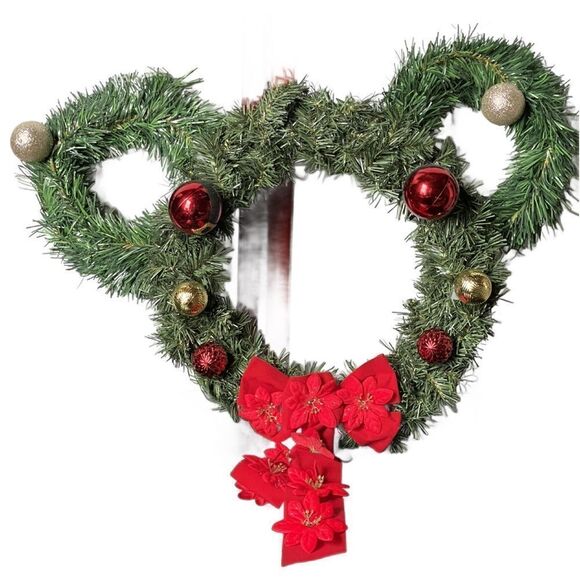 Mickey Mouse Shaped Holiday Door Wreath with/Red Glittering Bows and Ornaments - Picture 10 of 10